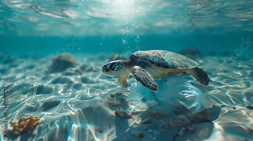 A cinematic image captures a sea turtle entangled in a single-use plastic bag, floating in the ocean's vibrant hues.