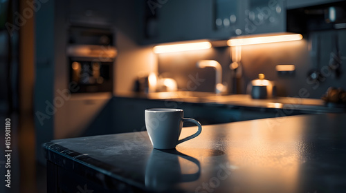 Beautiful coffee cup on island or table countertop in modern home kitchen Dark grey kitchen design  detail of interior : Generative AI photo