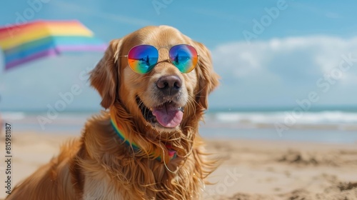 golden retriever in sunglasses on beach pride month pet celebration vibrant photo