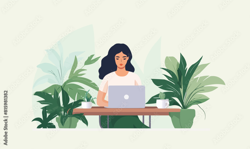 © Влада Яковенко - woman using laptop vector flat minimalistic isolated illustration