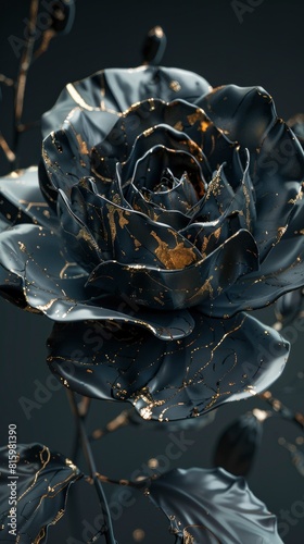 A black rose with gold accents is the main focus of the image. The rose is surrounded by a dark background, which adds to the overall mood of the piece © MdImam