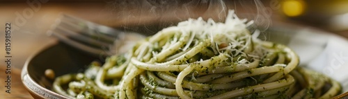 Green pasta with pesto sauce and parmesan cheese on a plate.