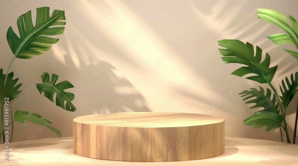 Realistic modern display mockup at studio room interior with wood platform and foliage. Green leaves and monstera shadow on wall. Realistic modern display mockup at studio room interior with wood platform and foliage. Green leaves and monstera shadow on wall.
