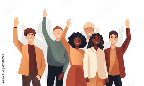 Diverse multicultural group of people waving and smiling, vector illustration