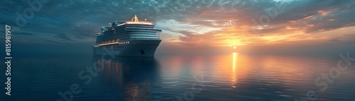 Majestic Cruise Ship at Sunset Overlooking Tranquil Ocean Vistas