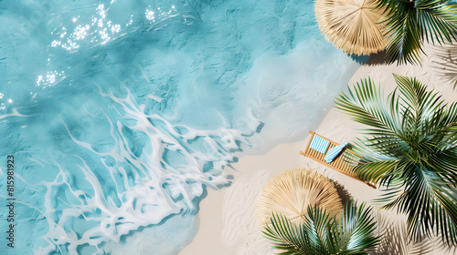 Beautiful beach with palm trees, top view. Beach umbrella and towel on the sand, sunlight, summer vacation concept photo