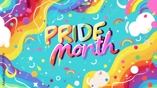 A colorful of the word  PRIDE month  is placed on the center of image with pastel colorful elements on a blue background. Inspirational quote background for the Pride month festival.