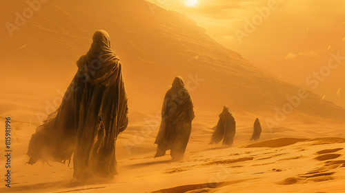 Majestic Saharan Sandstorm with Towering Dunes and Nomadic Tuareg Caravans photo