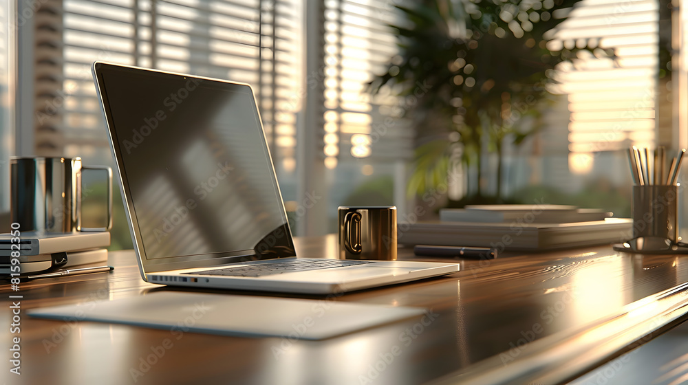 Polished Wooden Desk with Laptop Computer and Stacked Documents in Minimalist Modern Office Setting Polished Wooden Desk with Laptop Computer and Stacked Documents in Minimalist Modern Office Setting