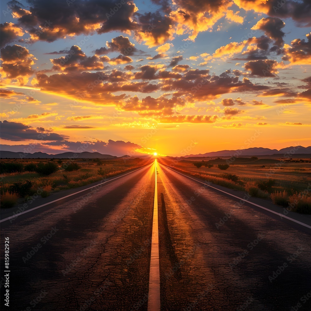 Naklejka premium Winding Highway Leads into Glowing Sunset Landscape with Distant Mountains