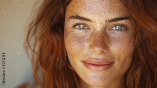 portrait of a beautiful Caucasian young woman 20-25 years old with freckles on her face smiling looking at the camera