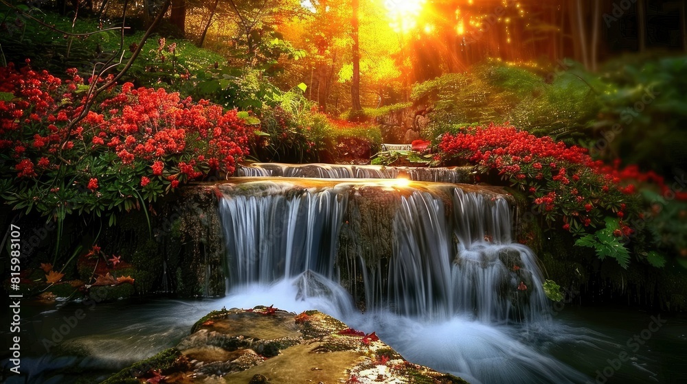 Beautiful waterfall in an autumn forest with red flowers and green grass at sunset.