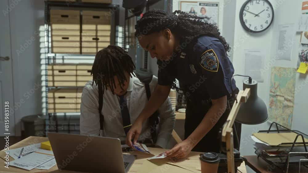 A policewoman collaborates with a businessman in a cluttered office, analyzing passports and documents for a potential investigation. A policewoman collaborates with a businessman in a cluttered office, analyzing passports and documents for a potential investigation.