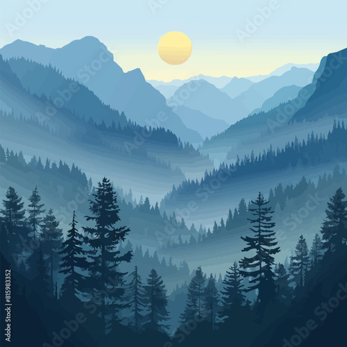 Misty forest among mountains, with sunlight piercing through the trees. Vector flat minimalistic isolated illustration