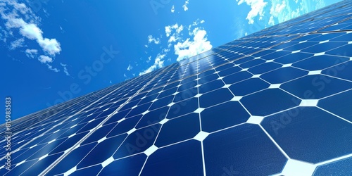 Close up photo of a solar panel against a blue sky background