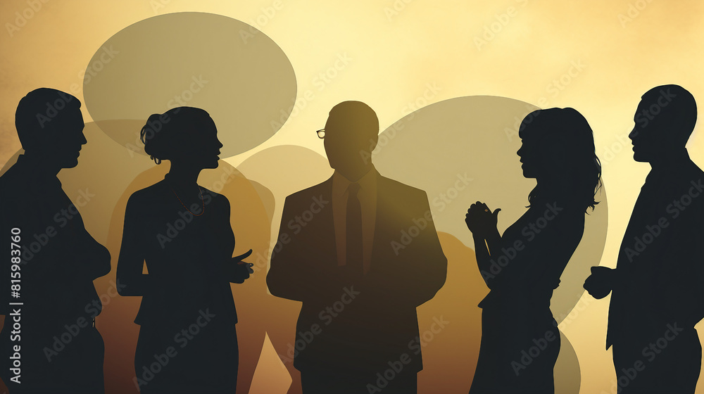 Silhouette heads of multicultural business people with speech bubbles discussing feedback and evaluations. Capturing the essence of teamwork, communication, and diverse opinions in a professional work