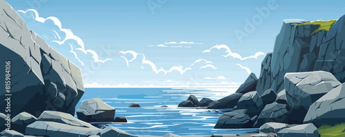 Rocky ocean shore with peculiar rock formations. Vector flat minimalistic isolated illustration