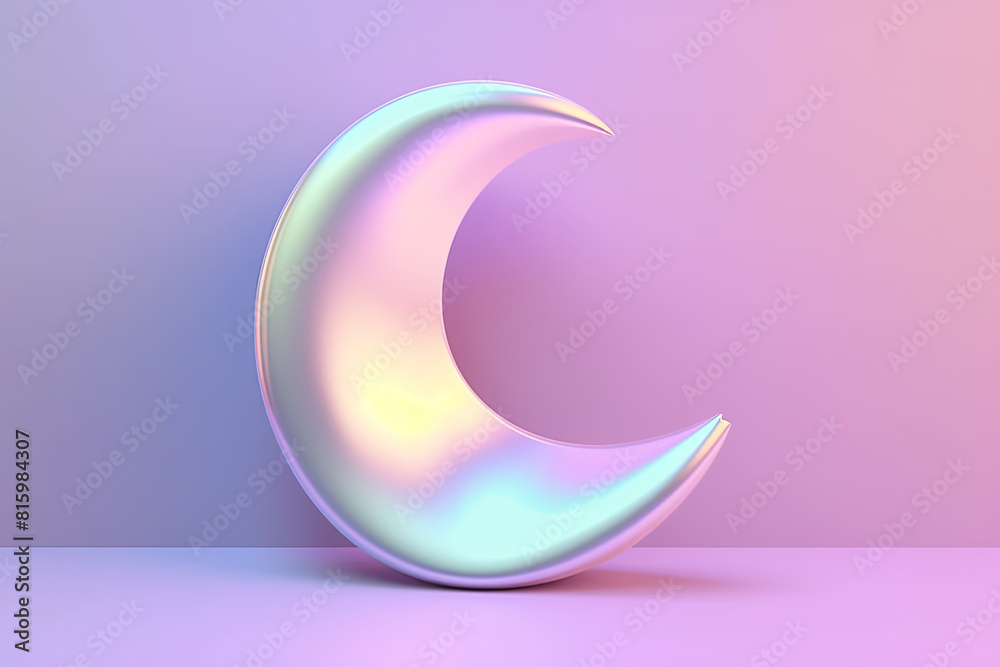 Iridescent crescent moon on gradient soft pink and blue pastel background Iridescent crescent moon on gradient soft pink and blue pastel background