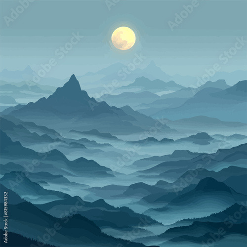Mountains shrouded in mystical mists, glowing in the moonlight. Digital art style vector flat minimalistic isolated illustration