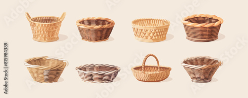 Woven wicker baskets set.Flat cartoon illustration vector