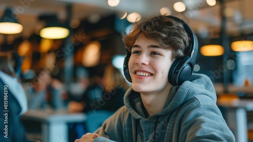 happy teenage boy enjoying favorite music playlist with headphones in cafeteria candid portrait © Bijac