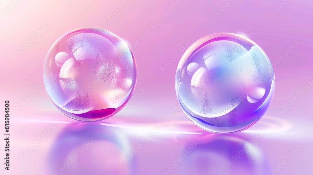 The transparent soap ball has pink and purple iridescent reflections. 3D modern illustration set of rainbow water spheres and shampoo foams. The transparent soap ball has pink and purple iridescent reflections. 3D modern illustration set of rainbow water spheres and shampoo foams.