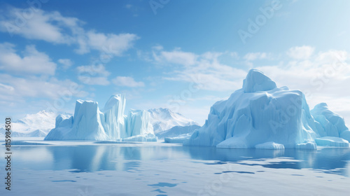 Arctic or Antarctic with bright blue ice formations and scattered ice floes  sunny sky