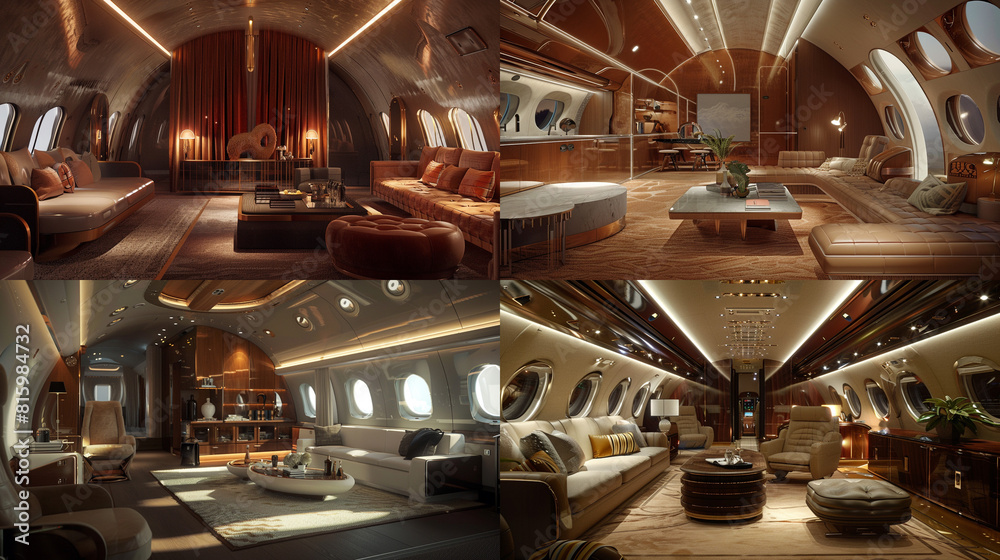 Illustration of the interior of a luxury, unusual luxury finishing. of a luxury private jet, unusual luxury finishing.
