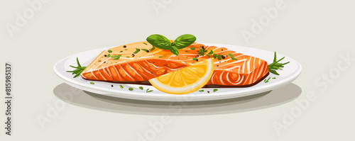 Grilled salmon steak on plate vector flat isolated illustration