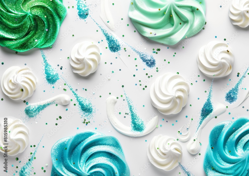 Stylish cosmetic products on a white background, different shapes of cream and meringue in the style of top Stylish cosmetic products on a white background, different shapes of cream and meringue in the style of top