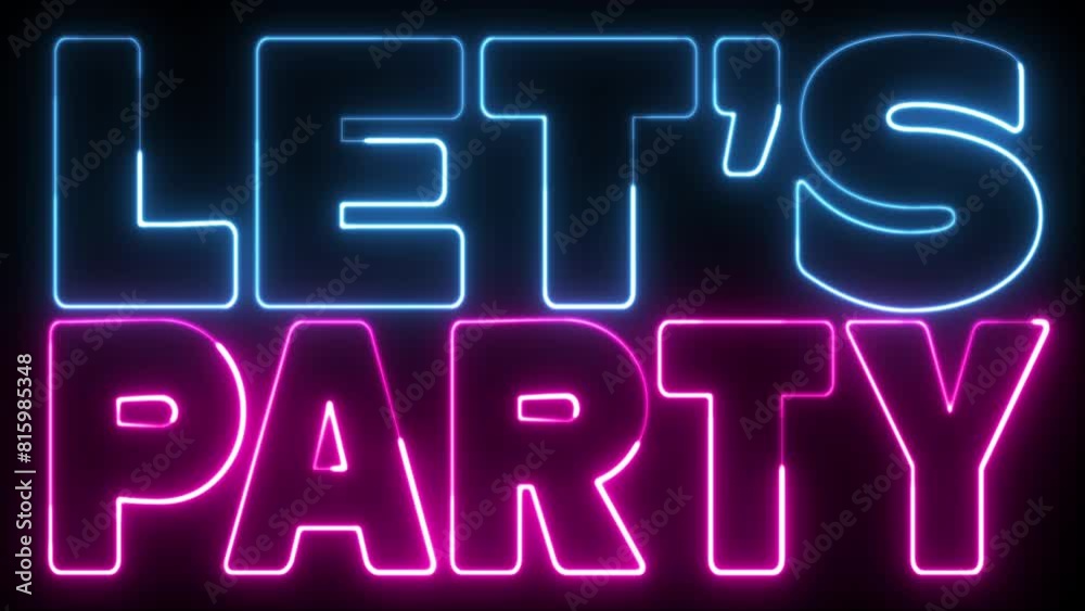 Let's Party text font with neon light. Luminous and shimmering haze inside the letters of the text Party. Lets Party neon sign. Let's Party text font with neon light. Luminous and shimmering haze inside the letters of the text Party. Lets Party neon sign.