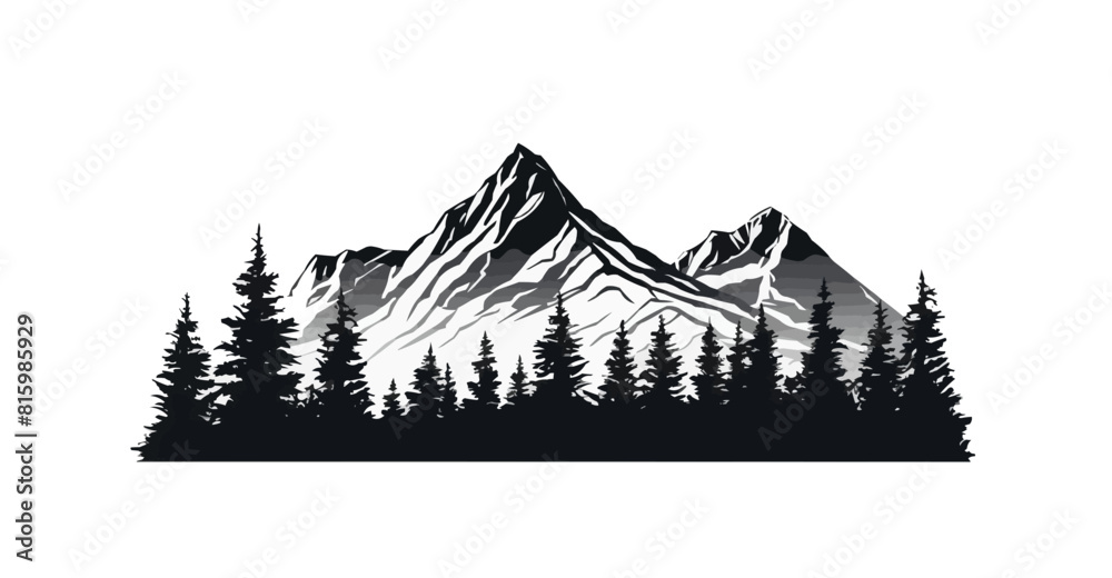 Black and white mountain range with trees wall art, symbolic landscapes stencil art outdoor scenes vector illustration