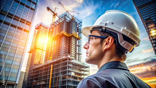 A detailed close-up of an engineer donning a safety helmet, juxtaposed with the skeletal structure of a skyscraper being erected in the background.
