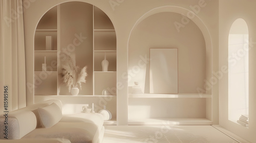 Living room interior with white decor arched mirror and built in shelving warm white tone minimalist   Generative AI
