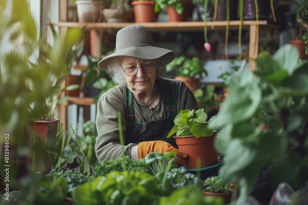 Elderly woman in a hat tenderly caring for potted plants in her lush indoor garden