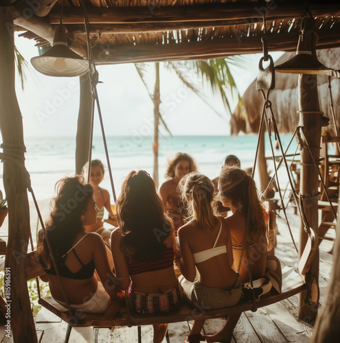 Girls laughing and relaxing as they sit on a tropical beach swing. A bridal party in a tree swing wearing swim suits, laughing, spring break, bachelorette, social, square
 photo