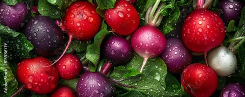 Multicolored radishes with green leaves. photo
