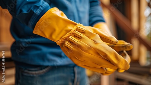 Close-up photo of a Caucasian contractor donning construction safety gloves, preparing for work photo