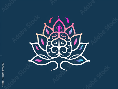 An intricate lotus flower design with neon outlines in pink, purple, and teal on a navy blue background.