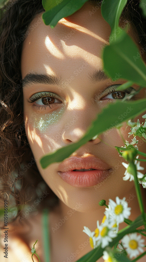 Close-up portrait of young woman with glitter makeup surrounded by green leaves Close-up portrait of young woman with glitter makeup surrounded by green leaves