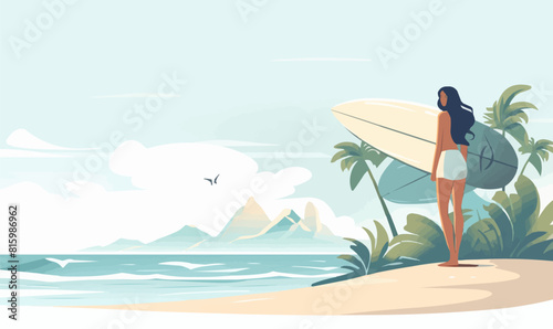 woman standing with surfboard vector flat isolated illustration