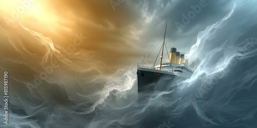 Titanic Ship Braving Stormy Seas with Dramatic Seascape Background. Concept Titanic Ship, Stormy Seas, Dramatic Seascape Background