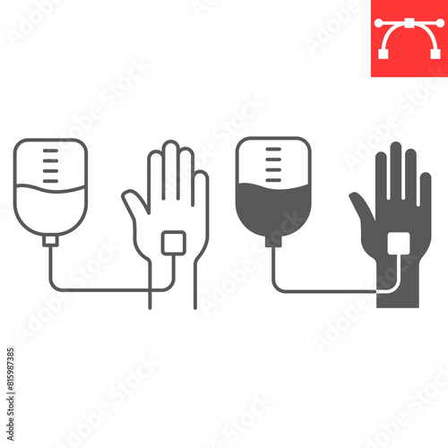 Intravenous saline drip line and glyph icon, world cancer day and chemotherapy, blood transfusion vector icon, vector graphics, editable stroke outline sign, eps 10.