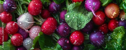 Multicolored radishes with water drops on the leaves photo