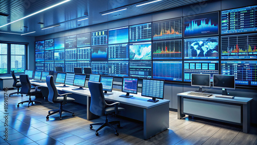A control room with multiple monitors displaying network performance metrics and alert notifications  facilitating proactive IT management.