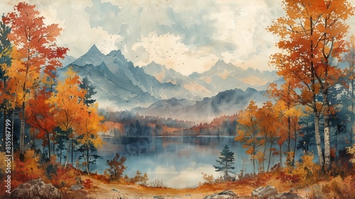 Serene watercolor painting of an autumn forest landscape with mountains