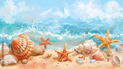 Idyllic Seashell-Strewn Beach with Starfish Under Tranquil Tropical Sky