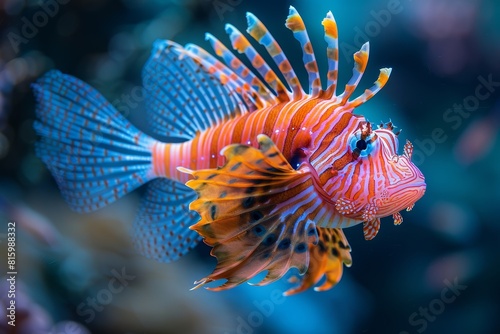 Exotic Lionfish with striking patterns and venomous spines, representing marine diversity. 