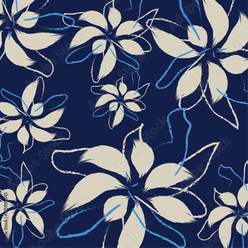 A hand drawing fashion textile vector. Floral textile tropical bicolor flower and leaves miniprint flowers geometric textile design