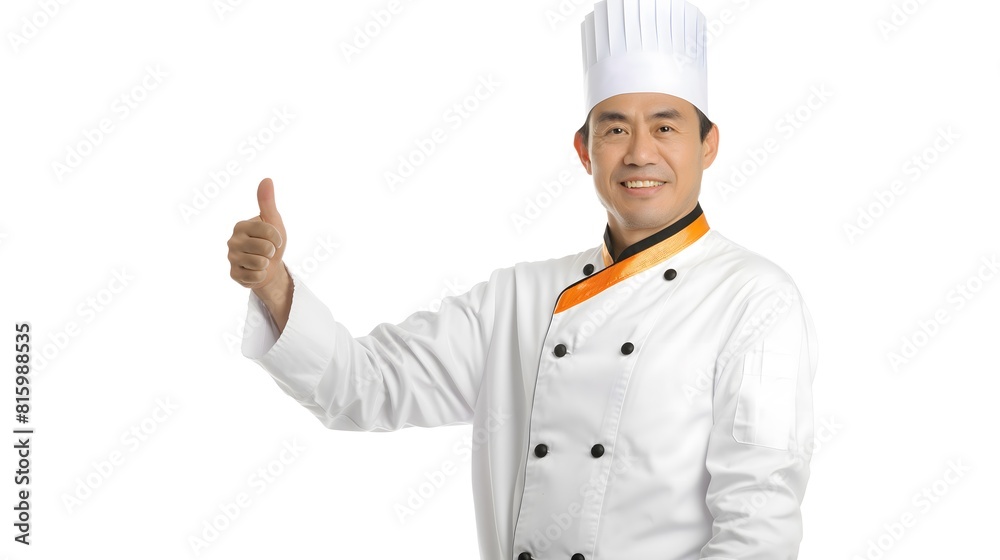 Smiling chef giving thumbs up on white background Smiling chef giving thumbs up on white background